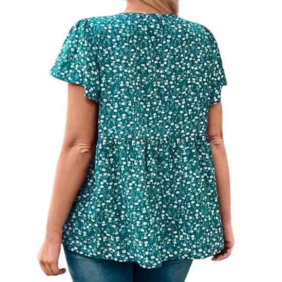 Womens Plus size 1X and 2X Teal/Pink Ditsy Floral Round Neck Short Sleeve Blouse - Picture 2 of 12